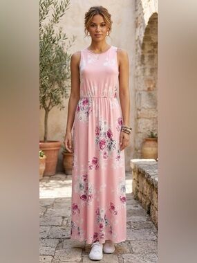 Summer Pink Floral High Neck Maxi with Elastic Waist Size XL NWOT